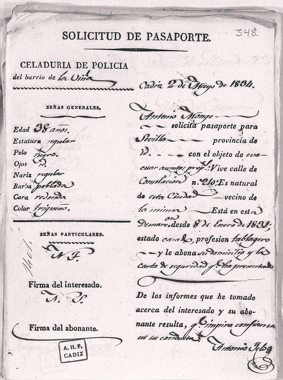 Cédula de pasaporte de Antonio Monge El Planeta. Imagen: Archivo Manuel Bohórquez.