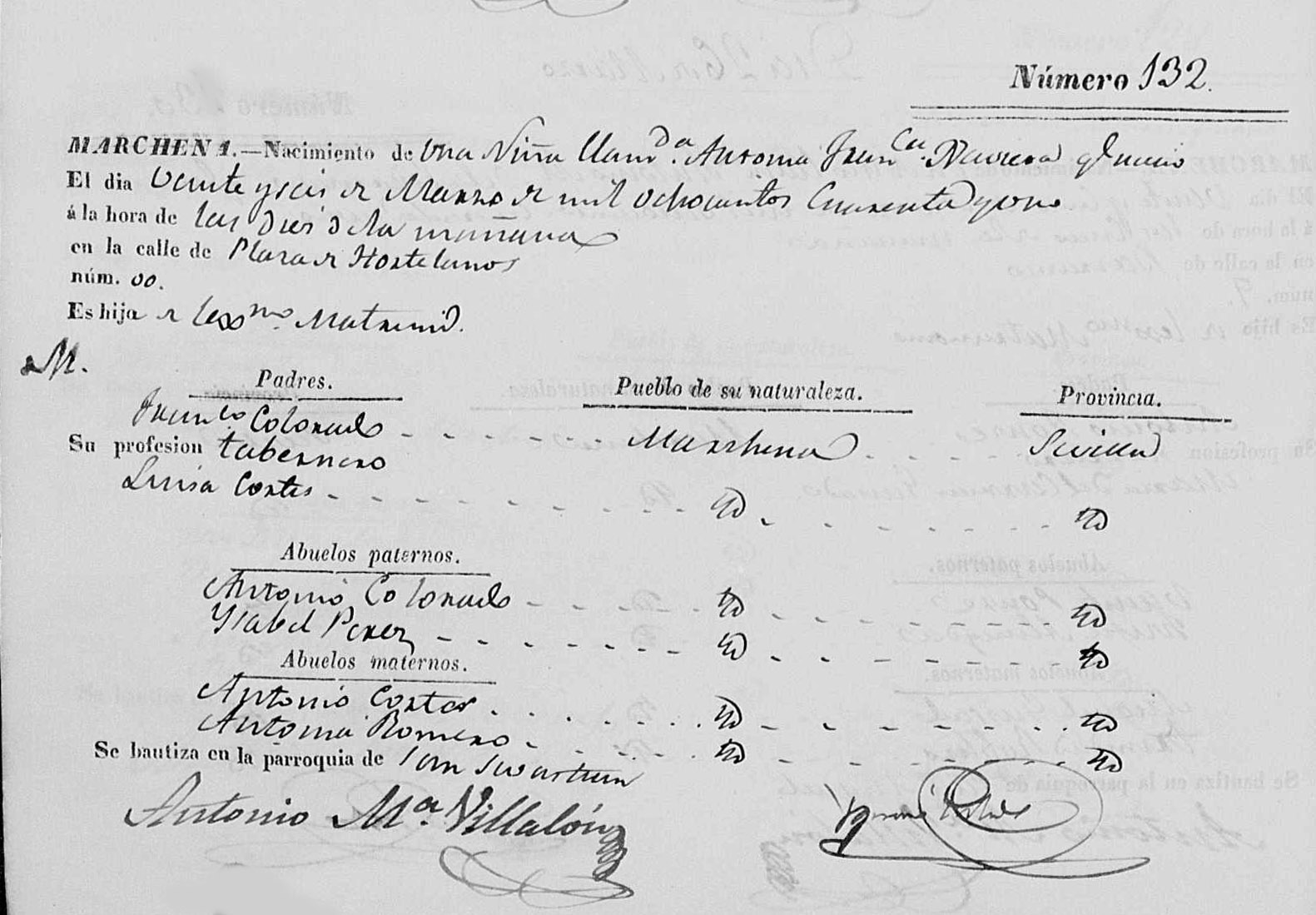 Partida de nacimiento de Antonia, hija de Frasco el Colorao. Plaza de Hortelanos, Marchena, 1841. Archivo Manuel Bohórquez.