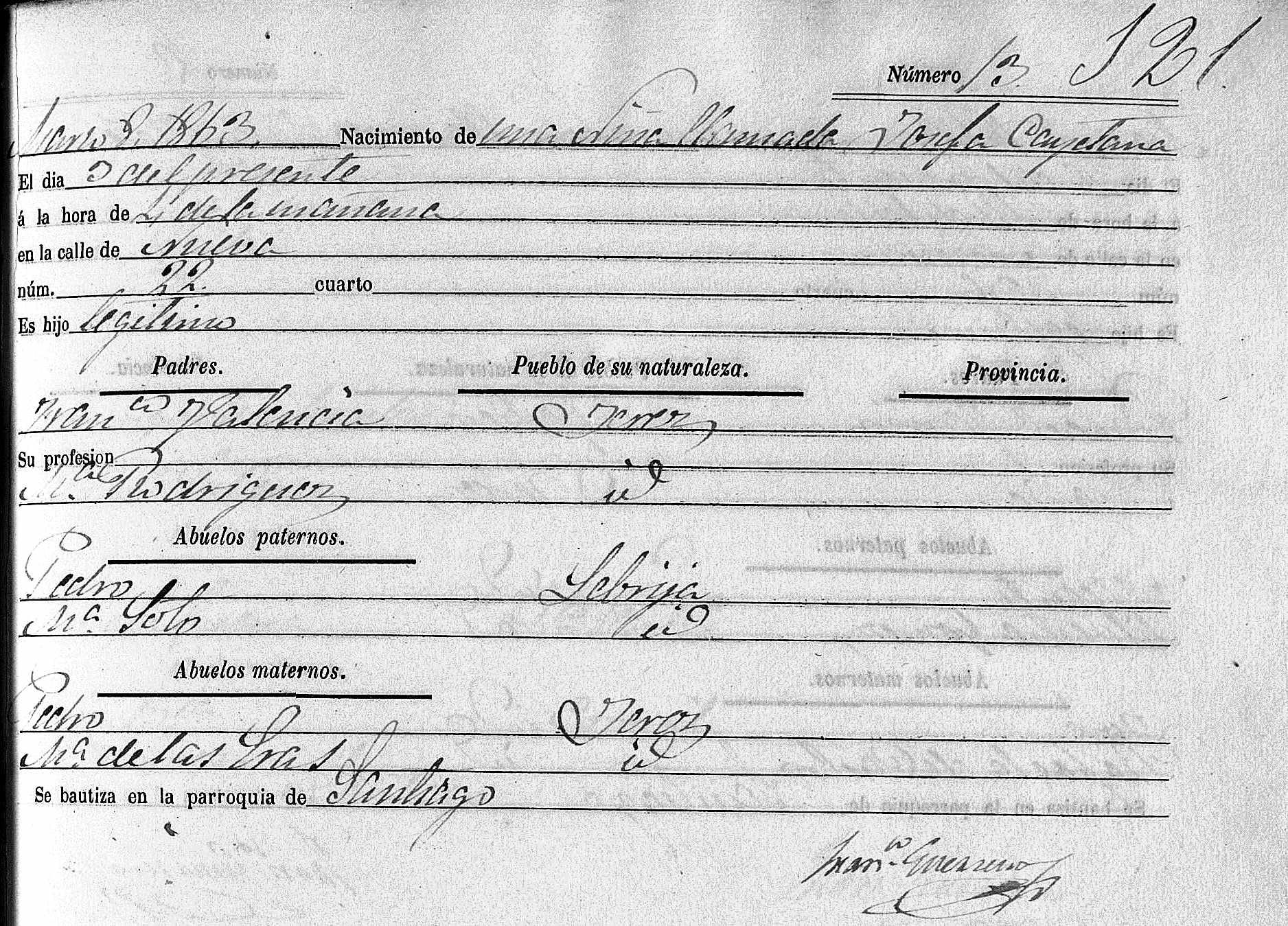 Partida de nacimiento de María Valencia La Serrana, 1863.