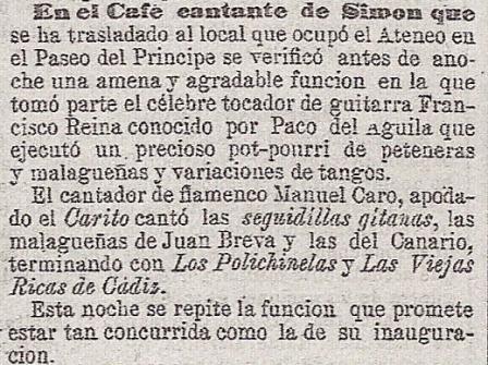 Noticia de una actuación de Carito de Jerez en la prensa de la época. Archivo Manuel Bohórquez.