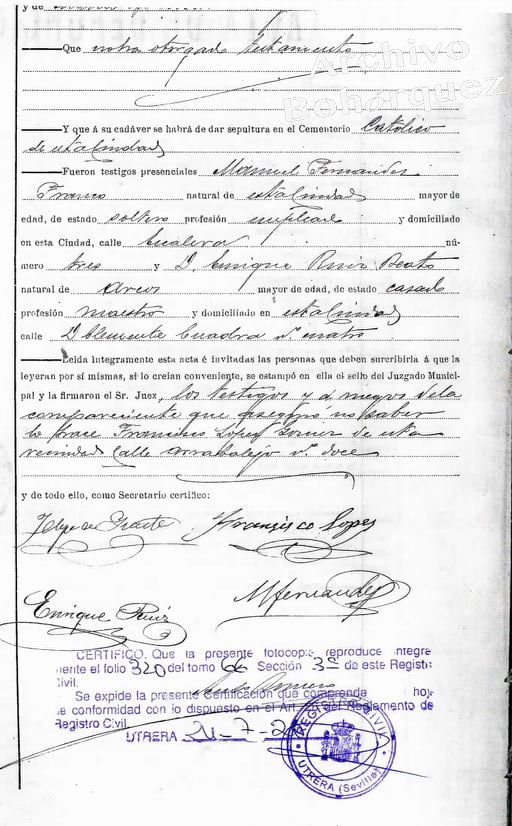 Certificado de defunción de la cantaora jerezana Mercedes La Sarneta. 18 de junio de 1912. Archivo Bohórquez.