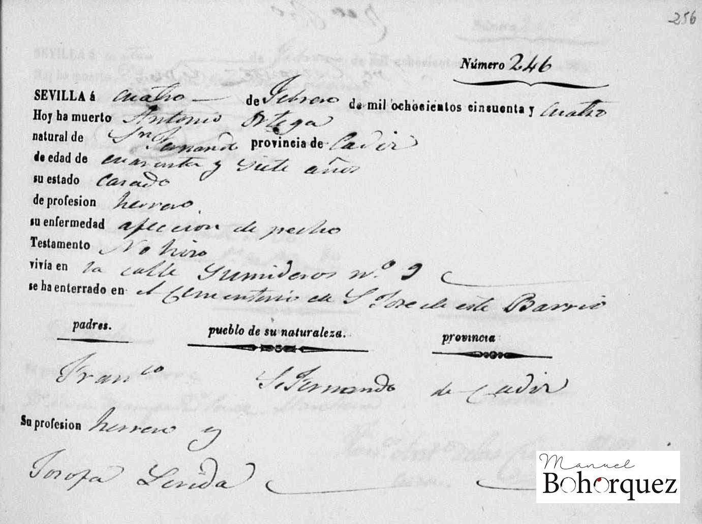 Muerte de Antonio el Fillo en el Registro Civil de Sevilla, 1854. Archivo Bohórquez.