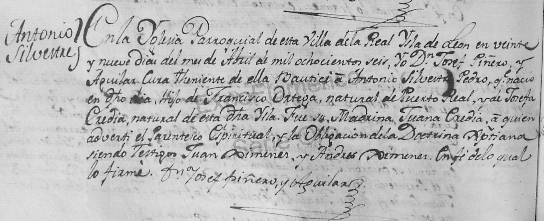 Partida bautismal de Antonio El Fillo. Archivo Luis Javier Vázquez Morilla.