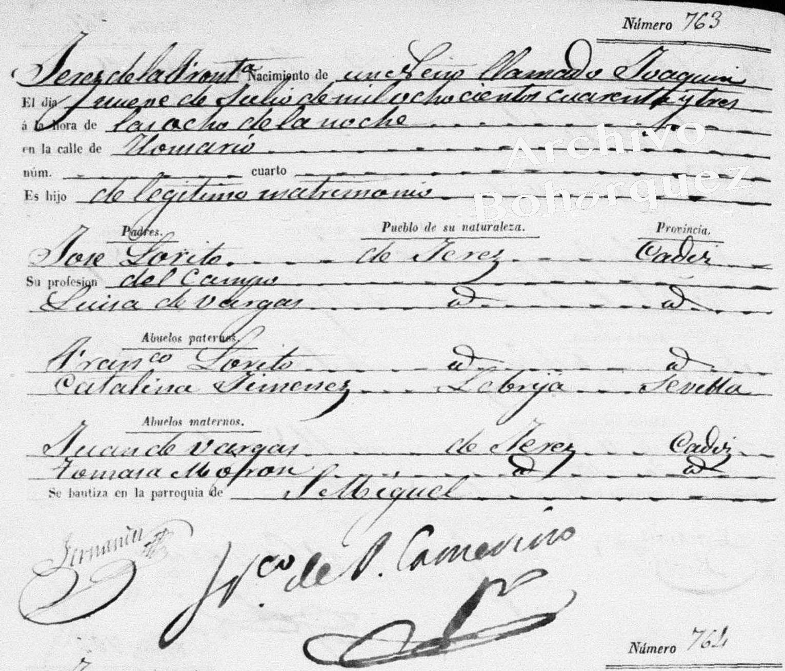 Partida de nacimiento de Joaquín Loreto Vargas La Cherna, 1843. Archivo Bohórquez.